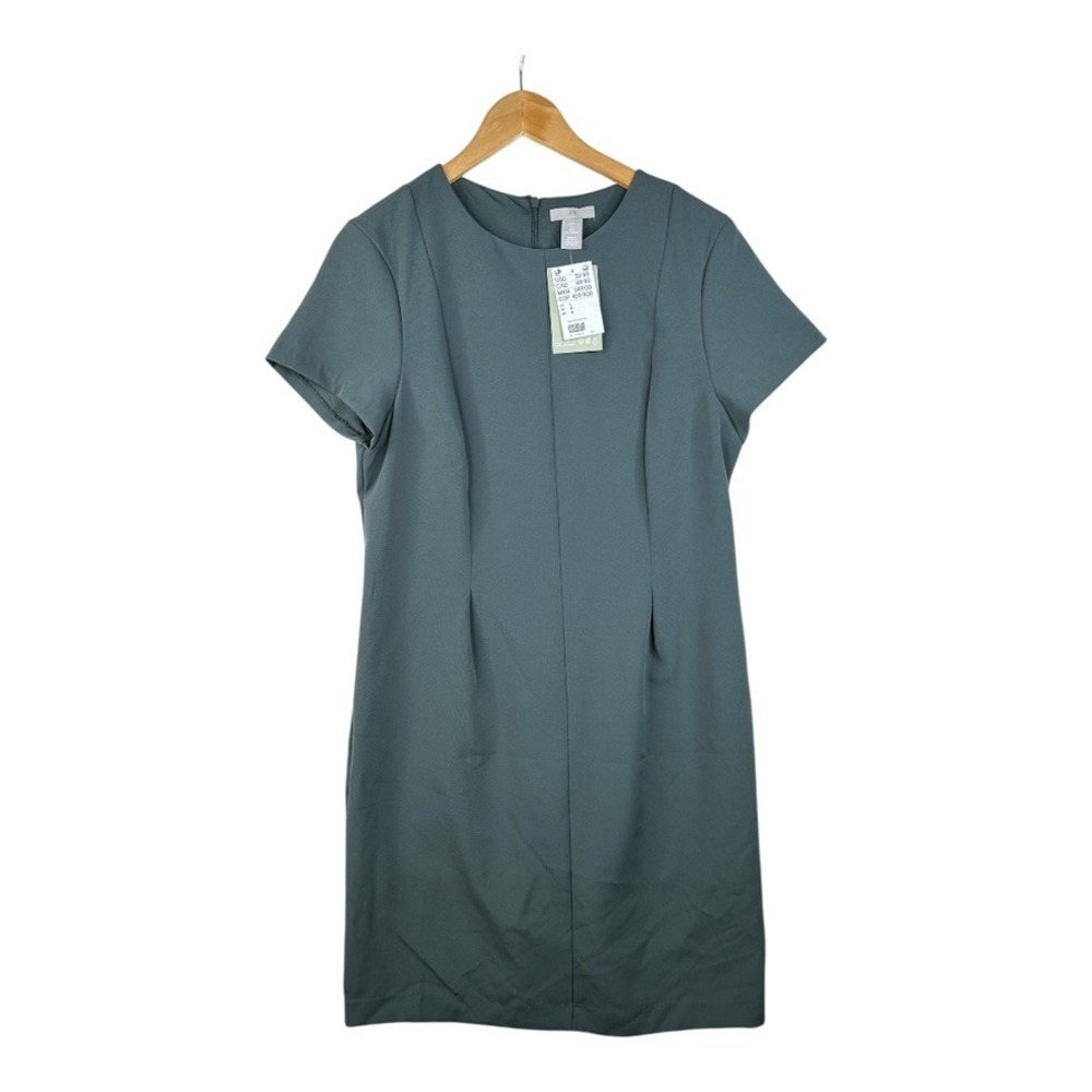 New H&M Short Sleeve‎ Pleated Sheath Zip Back Dress size Large Green